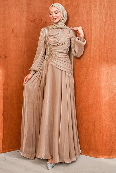 İmajButik Mink Front Gathered Stoned Janjan Evening Dress
