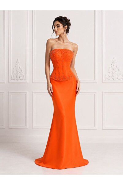 ranin Orange Barbie Evening Dress Hand Embroidery