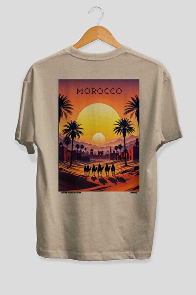 Ankhises Moroccoo Morocco Beige Oversize Country City Back Printed Unisex T-S...