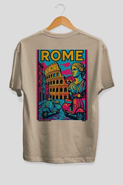 Ankhises Rim Italija Bež Oversize Seoska Grad Zadnja strana Tiskana Unisex Ma...
