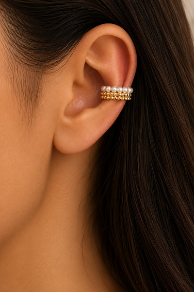 FIERA JEWELRY Vip İncili Gold Renk Çok Sıralı Ear Cuff Deliksiz Kulak Kıkırda...