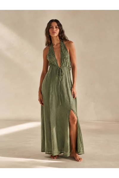 Punta Otantik Yg49150 Italian Halter Neck Laced Sequined Raw Linen Dress Khaki