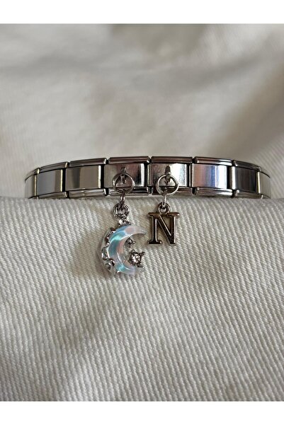 bijoux uniques Çelik ay figürlü N harfli italyan charm bileklik