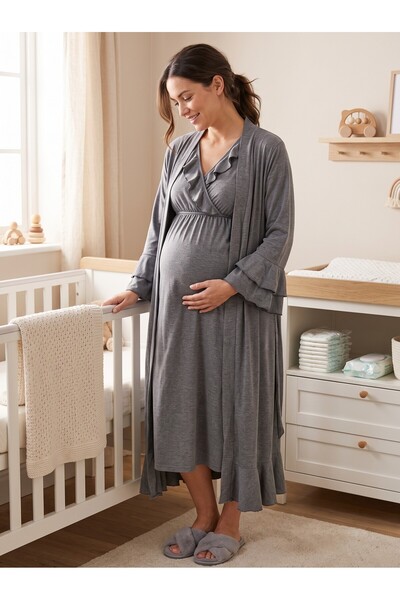 Lohusa Homewear New Season Smoked Melange Flounced Full Length Easy Breastfee...