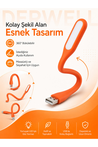 Derwell Esnek USB LED Lamba Powerbank Laptop ve PC için Taşınabilir Gece Lamb...