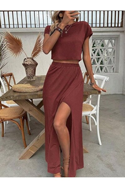 Livizmir Moda طقم نسائي مكون من بلوزة قصيرة الأكمام بياقة دائرية من الفيسكون ...