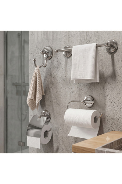 EMPA METAL Klasik Serisi Krom Paslanmaz 4'Lü Set Kapaklı WC Kağıtlık Uzun Hav...