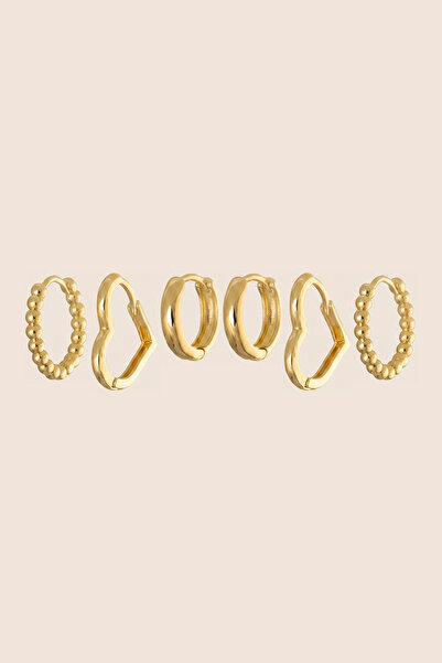 Hetra Gold Color Steel Beaded and Heart Shaped 6-Piece Hoop Earring Set
