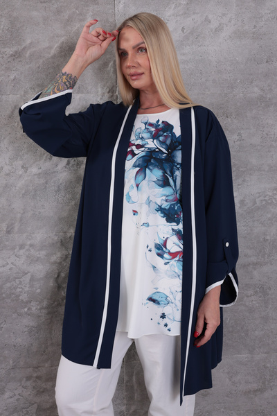 KİFAYET Plus Size Trendy and Stylish Two-Piece Set White Ribbed Tunic Floral ...