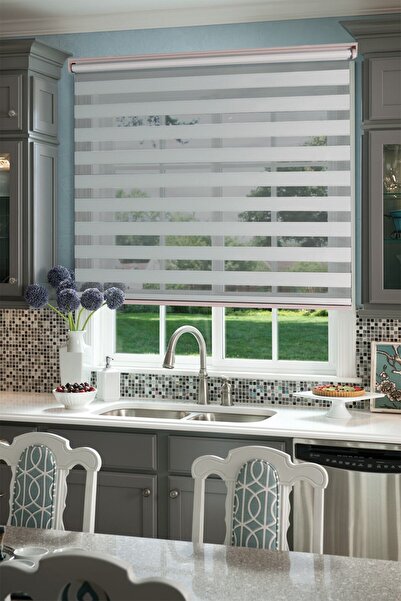 Empressco Şık Zebra Stor Perde Düz Beyaz, Mutfak, Salon ve Balkon İçin Ideal