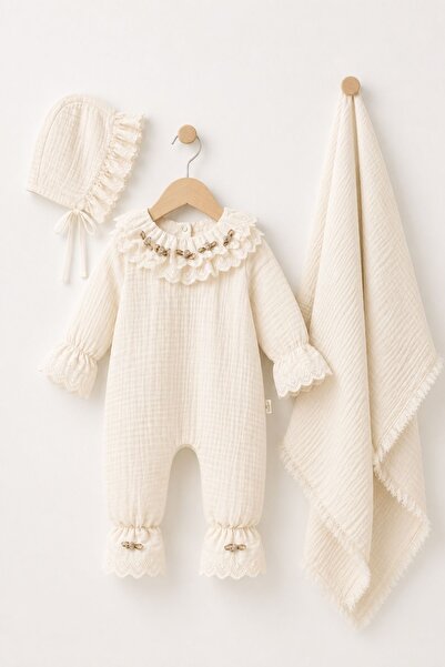 Minytrendy Baby Girl Muslin Newborn Jumpsuit with Bonnet and Blanket 3-Piece ...