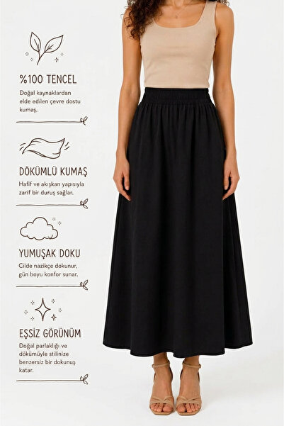 Warasiva Women's Black 100% Tencel Fabric Skirt with Elastic Waist and Pocket...