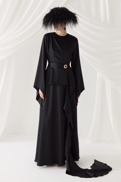 Ahel Tasarım Ahel Flounce Brooch Detailed Satin Evening Dress - Black
