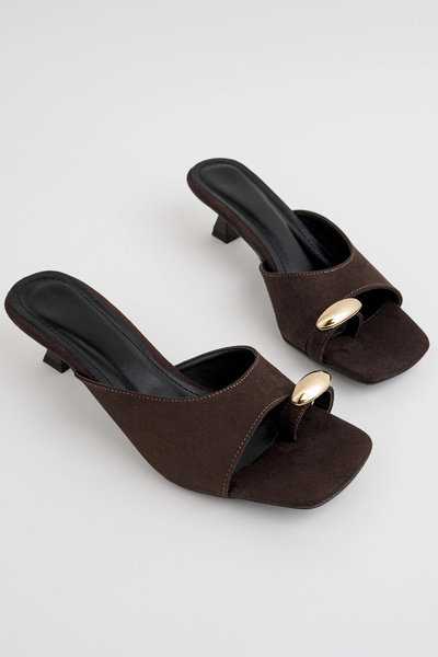 bakac store Liora Brown Suede Flip-Flop Short Heeled Slippers with Gold Detail