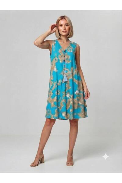 520CK Women's Blue Front Buttoned V-Neck Summer Dress