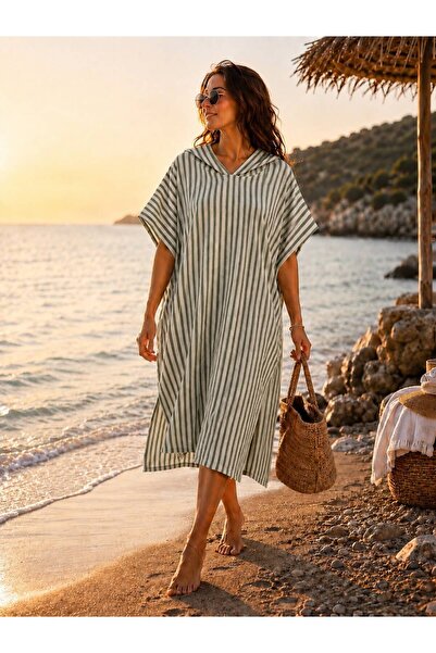 NUNA'S Atelier Defne | Çizgili Panço | Kapüşonlu Plaj ve Havuz Pançosu