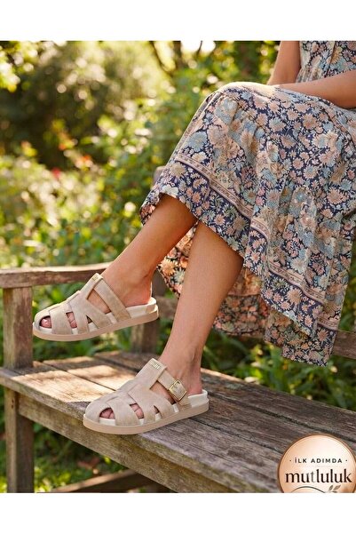 BY İMİS SHOES Beige Polyurethane Flexible Sole Gladiator Closed Front Slippers