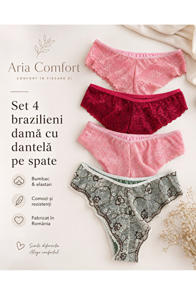 Aria Comfort Set 4 Chiloți Brazilieni Damă cu Dantelă – Bumbac, (Roșu, Roz și...