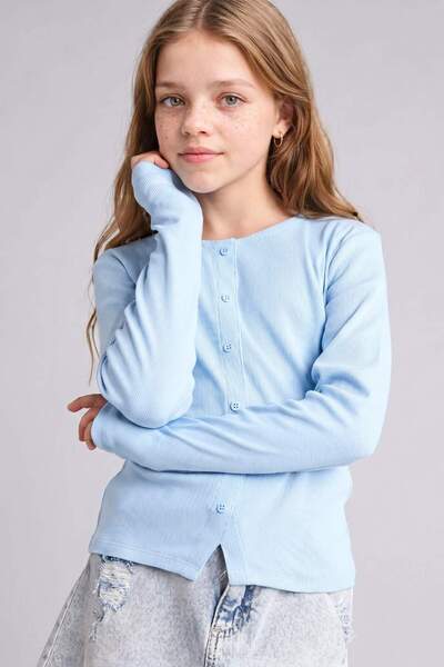 DeFacto Fitted Buttoned Collar Ribbed Long Sleeve Light Blue T-Shirt Girls I1...
