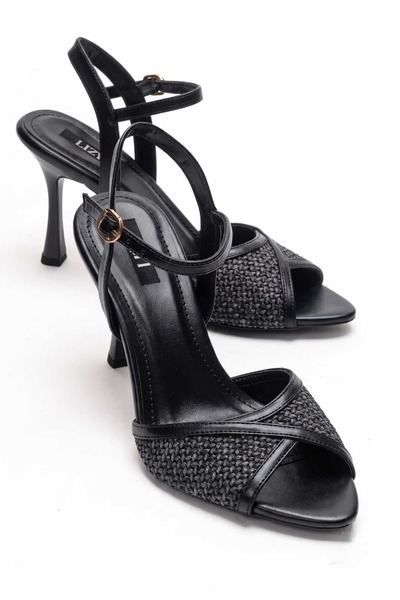 Lizy Shoes Sandale cu toc pentru femei, negre, cu detalii din paie. Înălțime ...