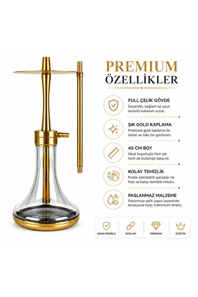 Han Tobacco Gold Full Çelik Nargile Takımı 45 cm | Füme Cam Vazo | Marpuç ve Çelik Marpuç Başlığı Hediyeli