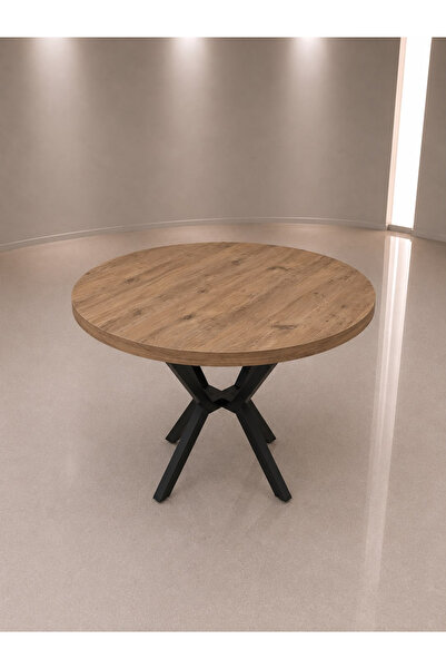 METALFROMPRO Luna Yuvarlak Yemek Masası 90 cm Traverten Desenli MDF Tabla Siy...