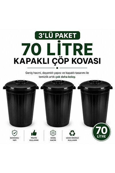 LİDERAMBALAJ07 70 Litre Kapaklı Çöp Kovası 3'lü Set | 3 Adet Çöp Kovası + 3 A...