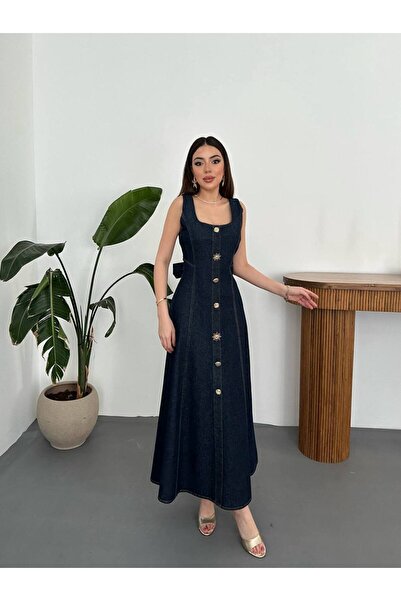ELİSA Gold Düğme Detaylı Denim Maxi Elbise