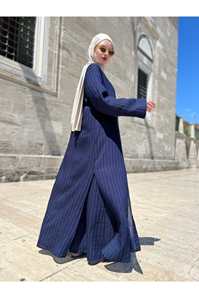 DLZ COLLECTİON DÜĞMESİZ ÇİZGİLİ LACİVERT ABAYA PANTOLON TAKIM