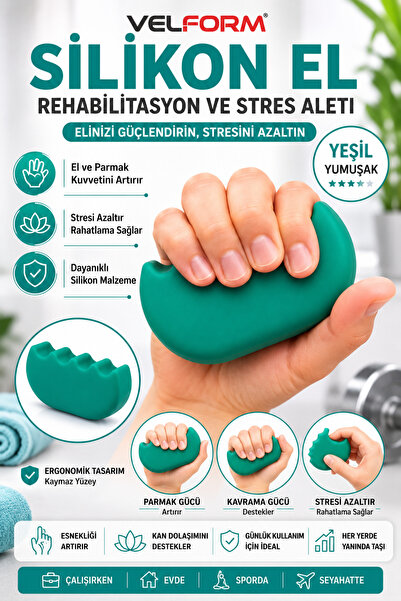 Velform Silikon El Stres ve Rehabilitasyon Aleti Egzersiz El Güçlendirme Yeşi...