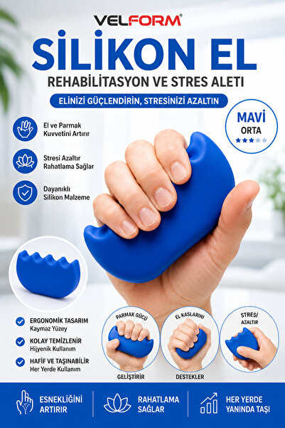 Velform Silikon El Stres ve Rehabilitasyon Aleti Egzersiz El Güçlendirme Mavi...