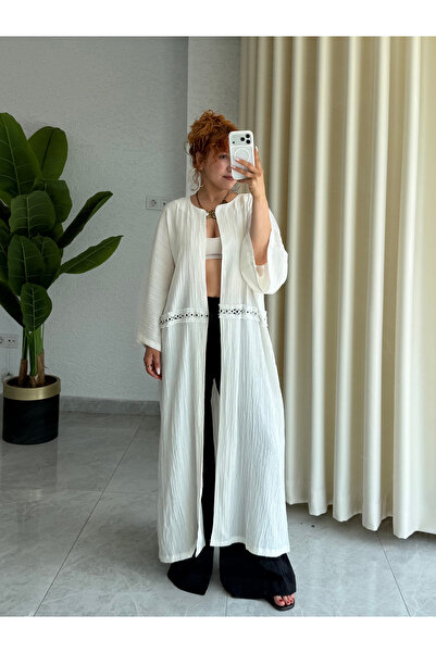 Bak'ap Premium Kuşgözü Detaylı Gofre Keten Bohem Uzun Tesettür Kimono