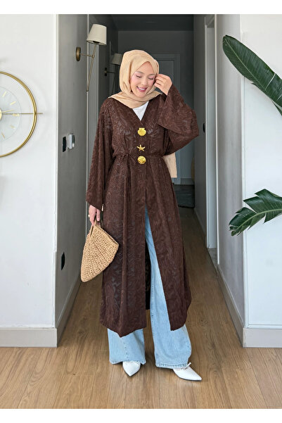 Moda Misali Jakarlı Kimono Yelek Gold Aksesuarlı