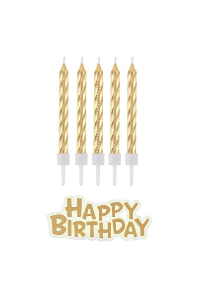 Godan Set 16 lumanari aurii cu suport si topper Happy Birthday multicolor