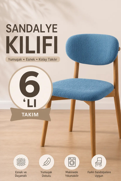 Softlife 6'lı Bohem Sandalye Kılıfı - Petrol Mavisi, Welsoft Esnek Lastikli Y...