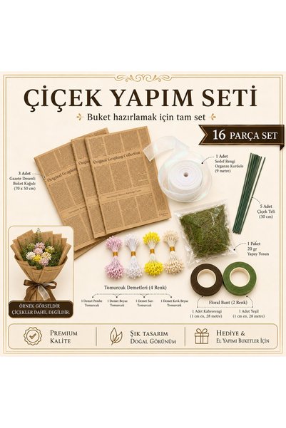 Mutkin 16 Parça Çiçek Buket Yapım Seti – 3 Adet Gazete Desenli Buket Kağıdı, ...