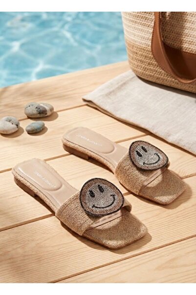 L&L Black Heelless Straw Slippers with Stones on the Front