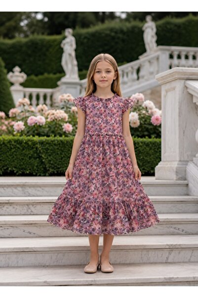 NO BRAND Girls' Long Floral Print Dress - Romantic Chiffon