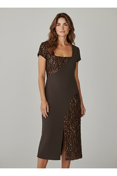 Dirim Square Neckline Sequin Detailed and Slit Stylish Dress