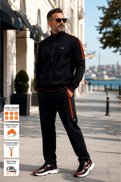BESSA Black Stand Collar Tracksuit Set with Stripe Detail, Straight Leg, Comf...