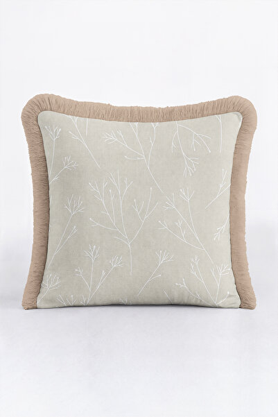 Evimde Bambaşka Elegant Botanical Branch Pattern Fringed Pillowcase - Minimal...
