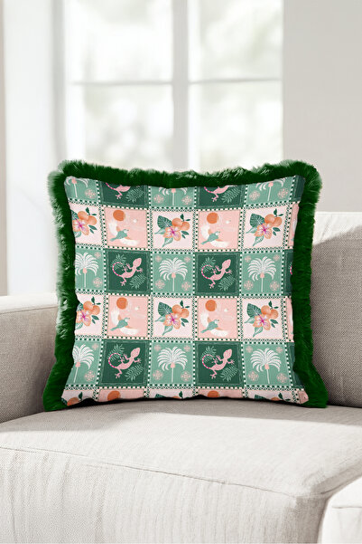 Evimde Bambaşka Exotic Tropical Patchwork Patterned Fringed Pillowcase-Palm P...