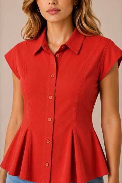 Benedetto New Season Modern Linen Buttoned Short Sleeve Flounce Women's Shirt