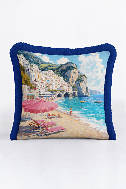 Evimde Bambaşka Mediterranean Coast Marina Fringed Pillowcase - Italian Blue ...