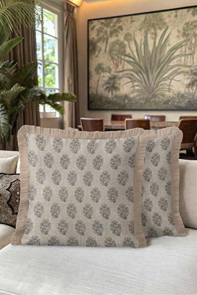 Evimde Bambaşka Floral Design Linen Fringed Pillowcase - Botanical Country Be...