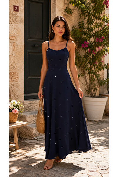 Kokosh moda Women's Pearl Detailed Strap Maxi Dress – A-Line Long Summer Chic...