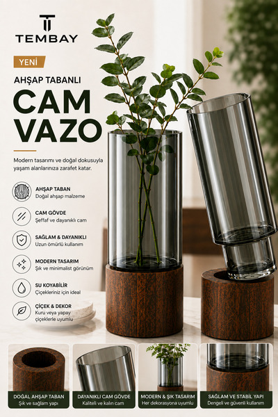 TEMBAY Füme Cam Vazo Ahşap Tabanlı Silindir Dekoratif Çiçek Vazosu 25 cm
