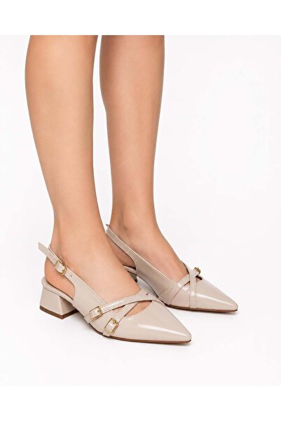 asmi shoes Women's Jela Beige Patent Leather 4 cm Short Heeled Buckle Shoes