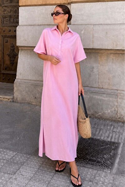 Madmext Pink Modal Fabric Maxi Shirt Dress Mg2866
