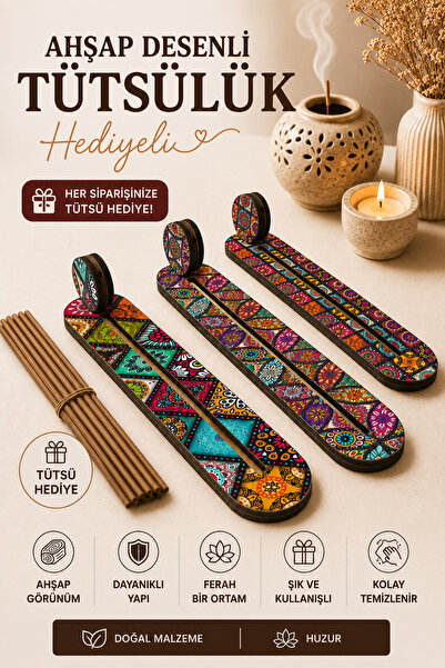ERYHOME Desenli Ahşap Tütsülük – 1 Adet Karışık Desen – Çubuk Tütsü Tutucu – ...